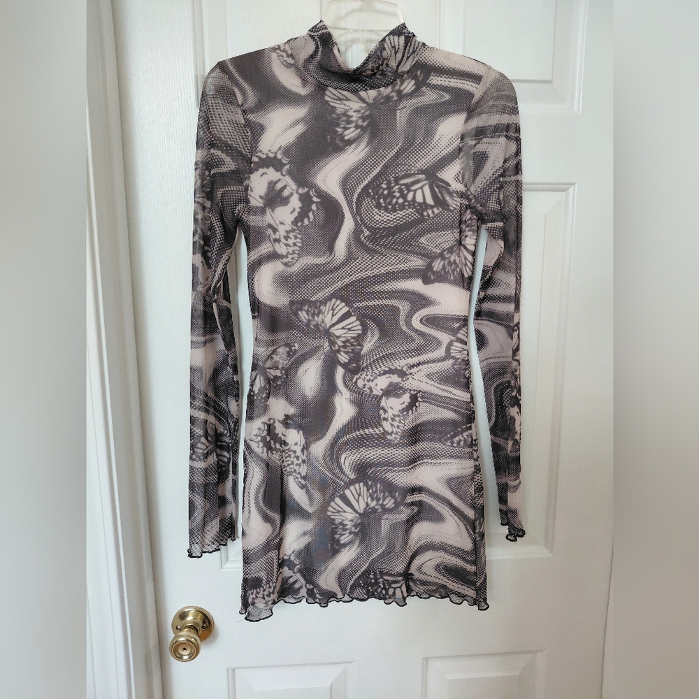 Urban Outfitters Taupe Butterfly Mesh Long-Sleeve Dress
